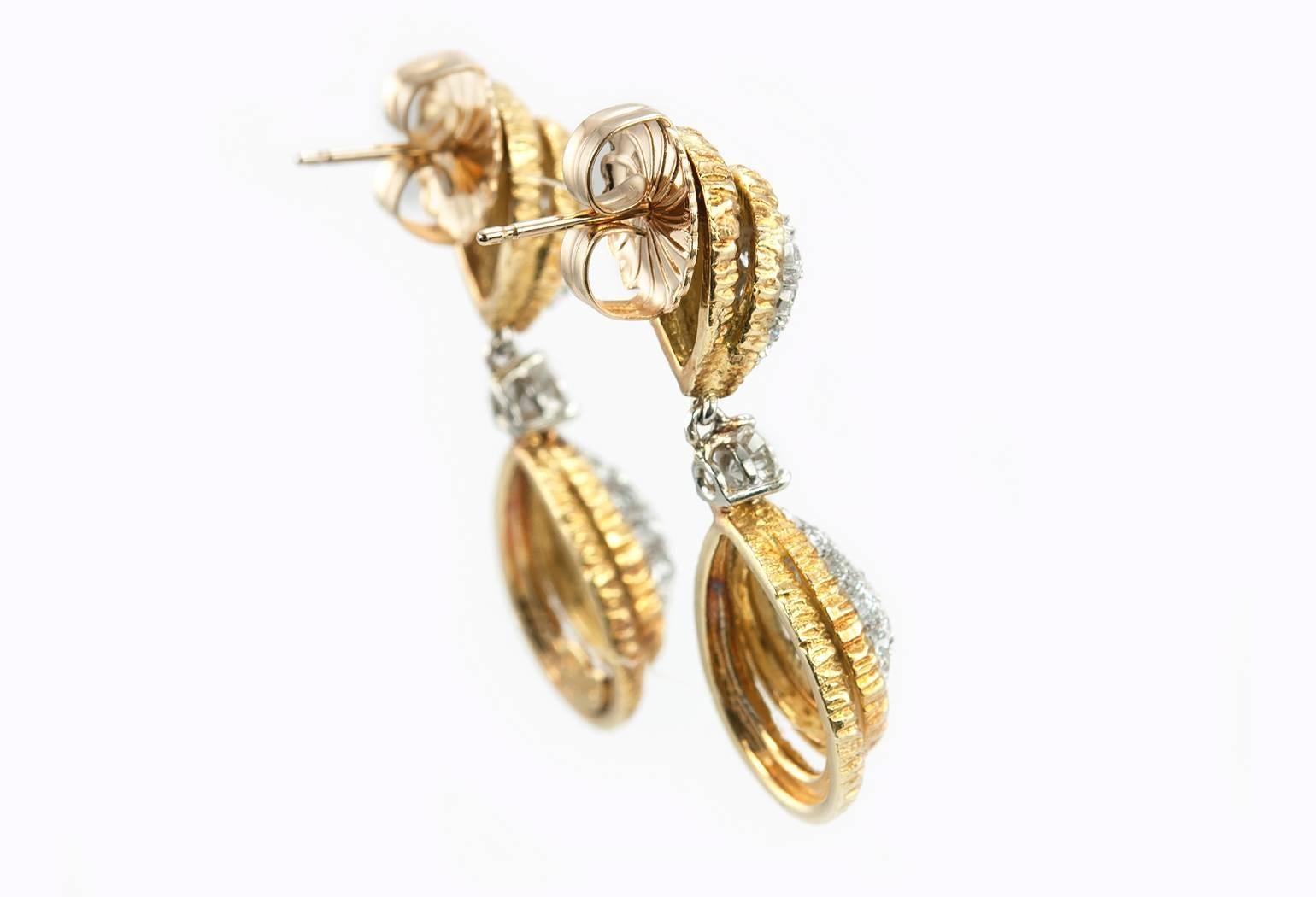 Diamond Gold Platinum Dangle Earrings  For Sale 2