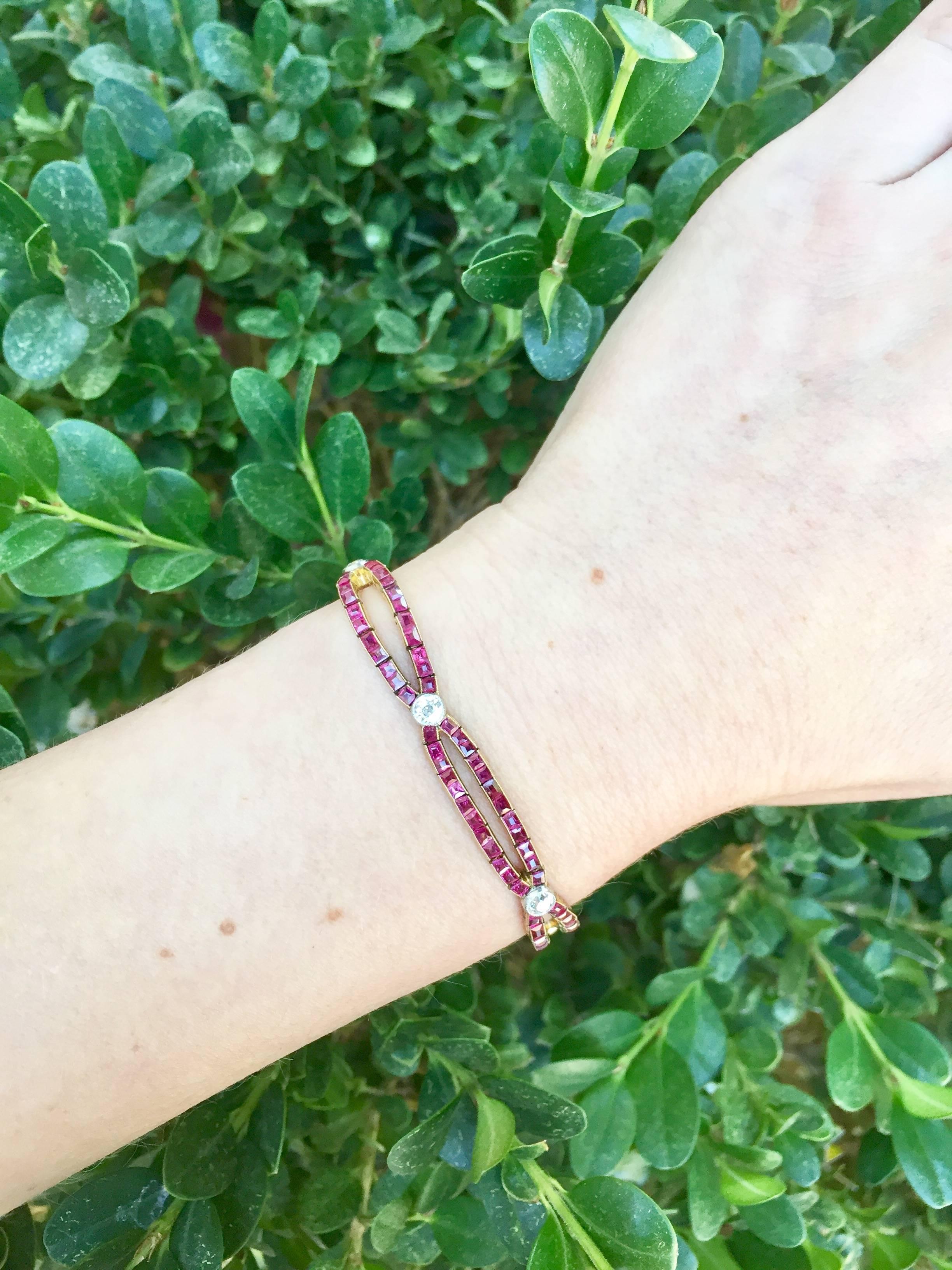 Edwardian Ruby Diamond Gold Platinum Bracelet In Excellent Condition For Sale In Los Angeles, CA