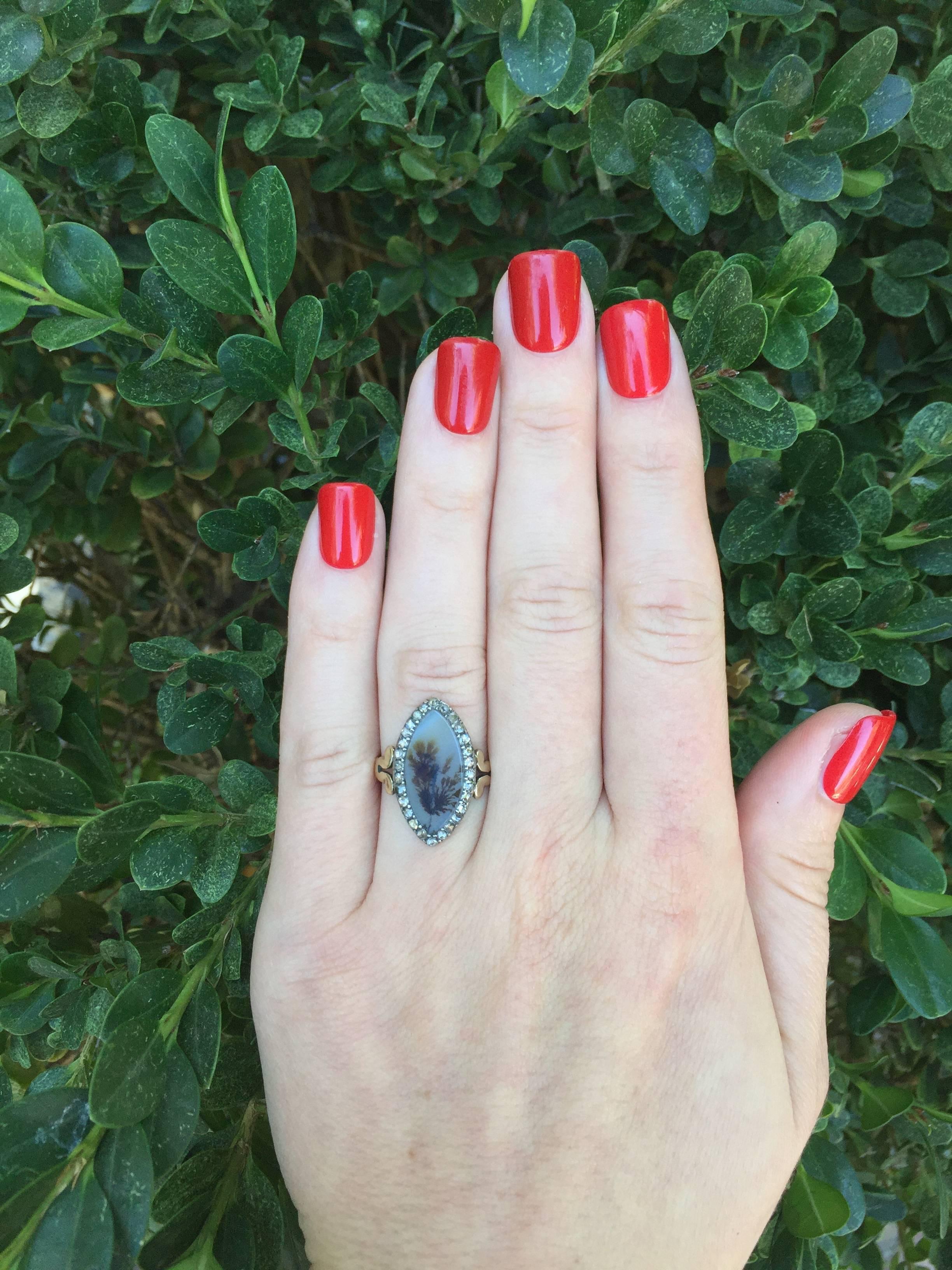 Georgian Moss Agate and Diamond Navette Ring 1