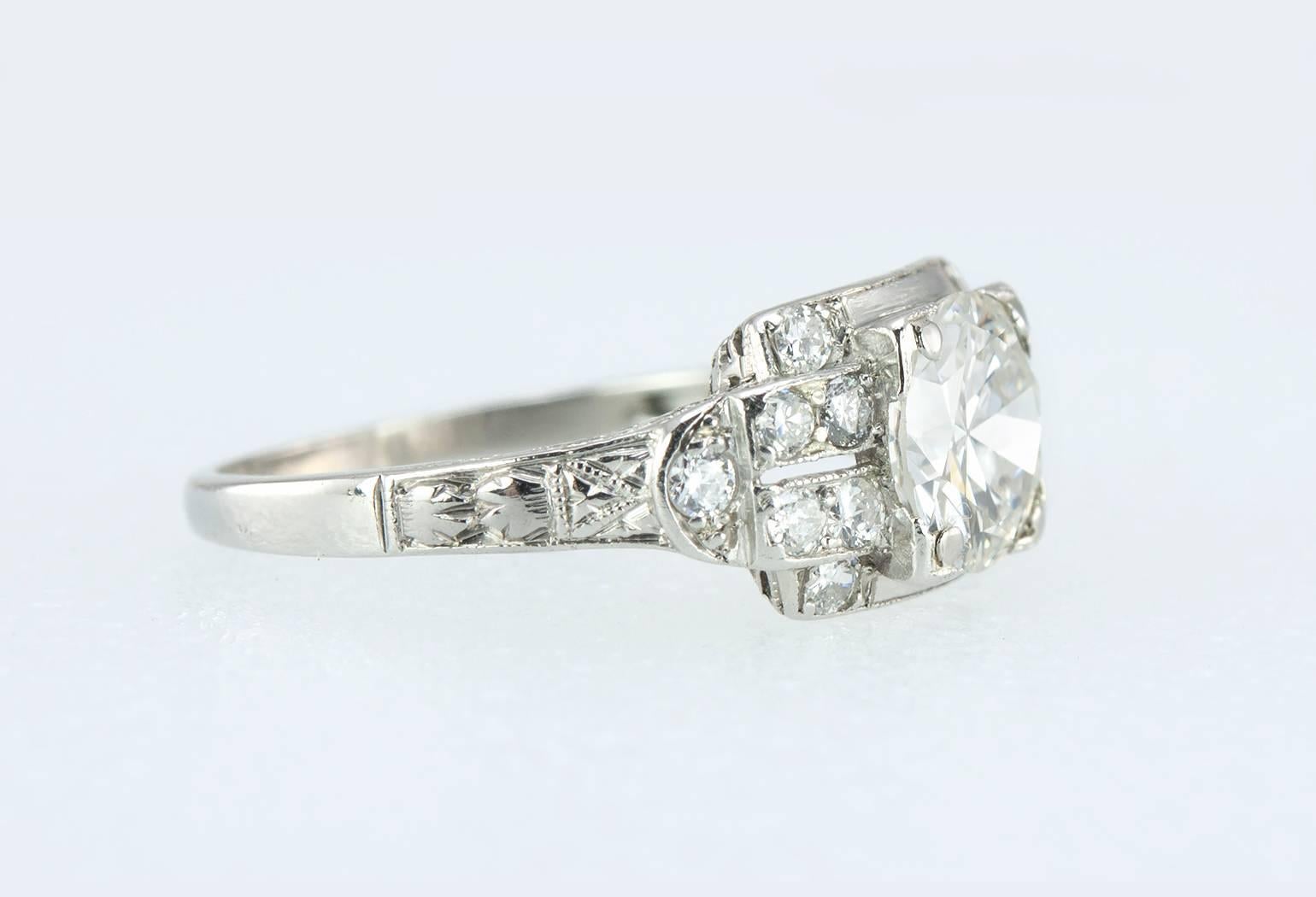 1.02 Carat Old European Cut Diamond and Platinum Engagement Ring In Excellent Condition For Sale In Los Angeles, CA