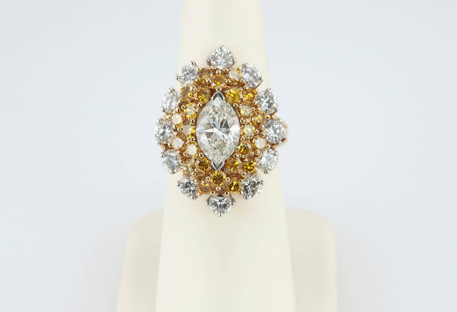 Women's Oscar Heyman Marquise Diamond and Yellow Diamond Cocktail Ring  For Sale
