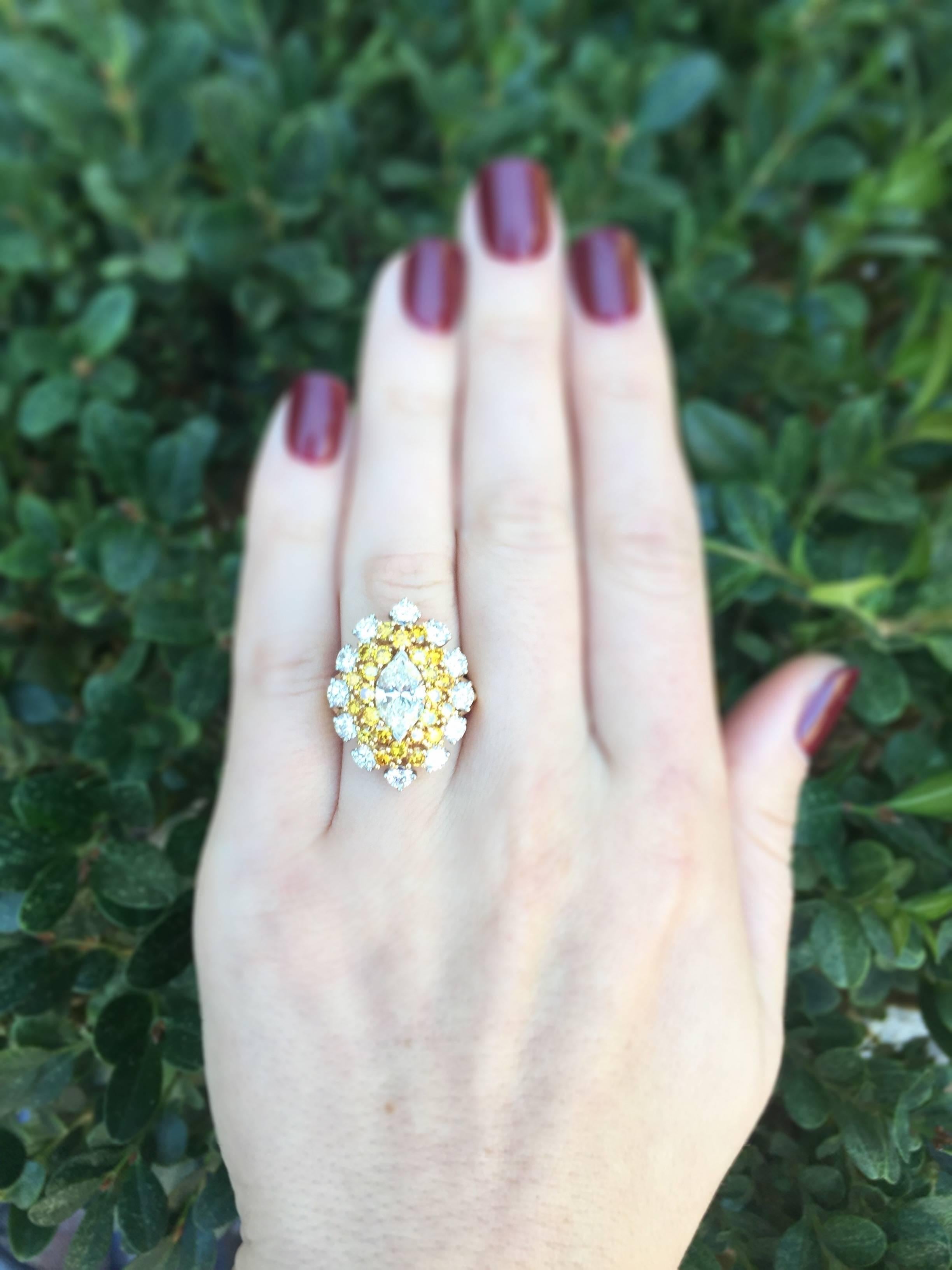 Oscar Heyman Marquise Diamond and Yellow Diamond Cocktail Ring  In Excellent Condition For Sale In Los Angeles, CA