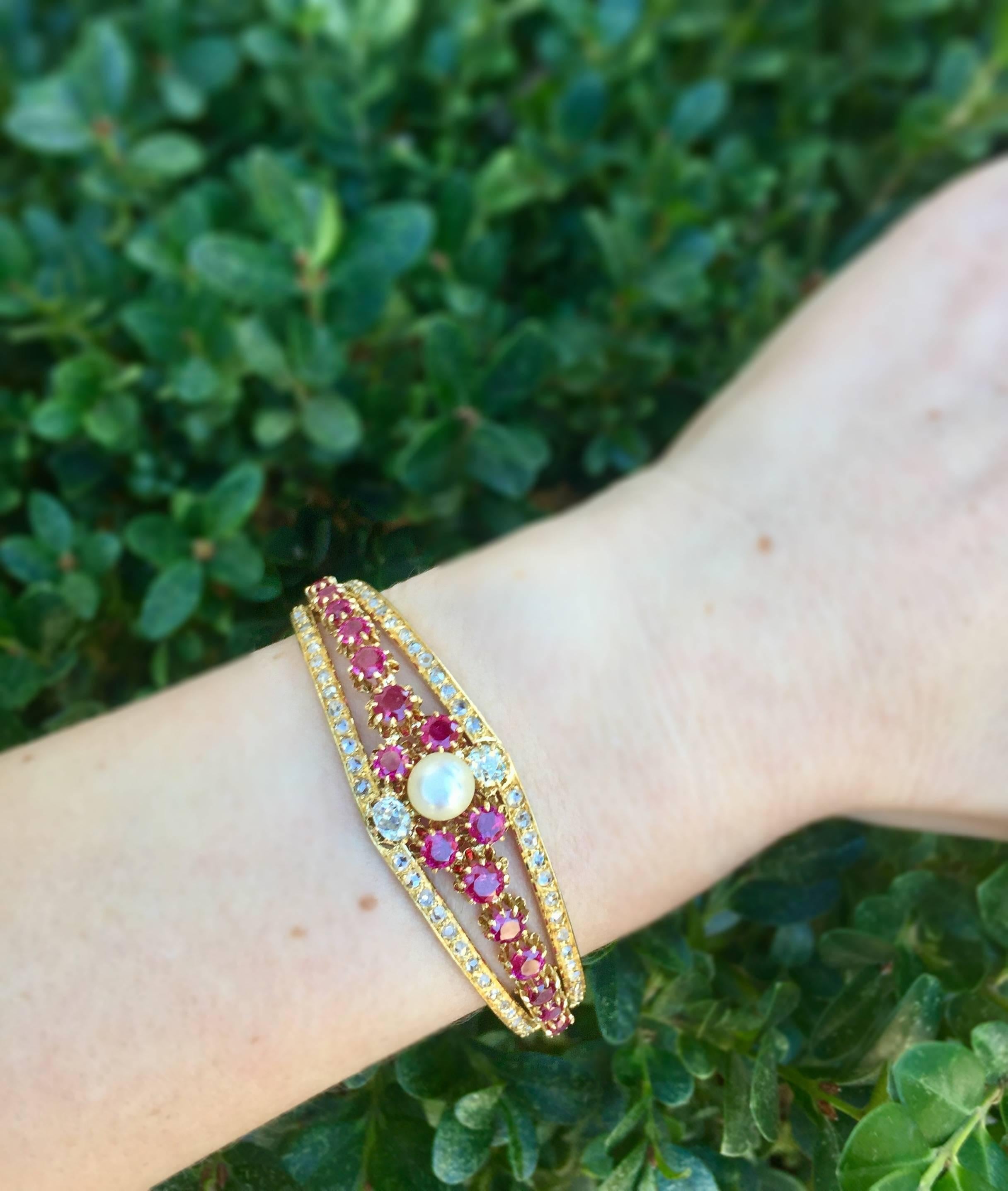Victorian Ruby Pearl  Diamond Gold Bangle Bracelet In Excellent Condition For Sale In Los Angeles, CA