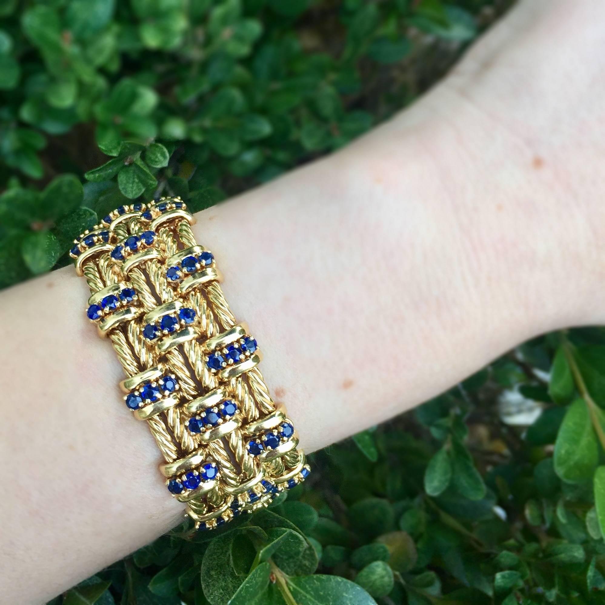 Sapphire and Gold Braided Wide Bracelet For Sale 4