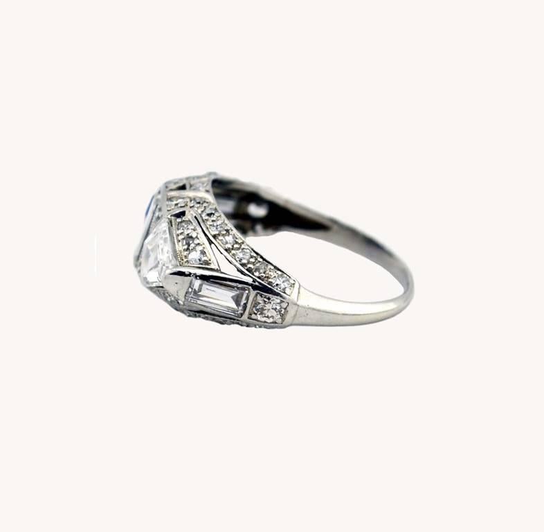 Baguette Cut 1920s Art Deco Sapphire Diamond Platinum Ring For Sale