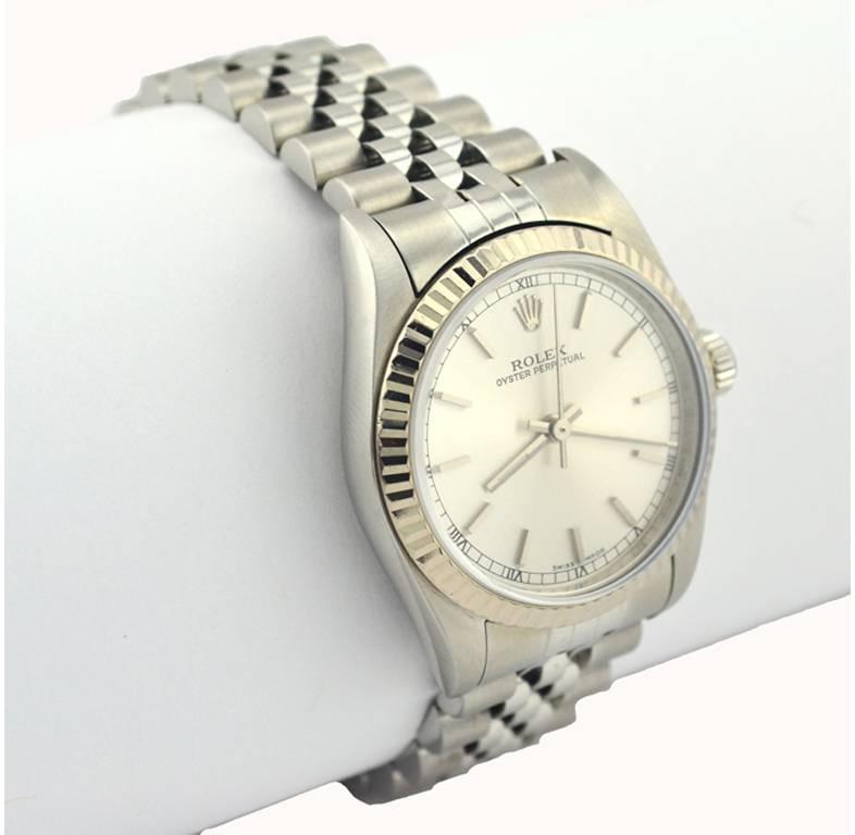 Women's or Men's Rolex white gold stainless steel Oyster Perpetual Wristwatch Ref 77014 For Sale