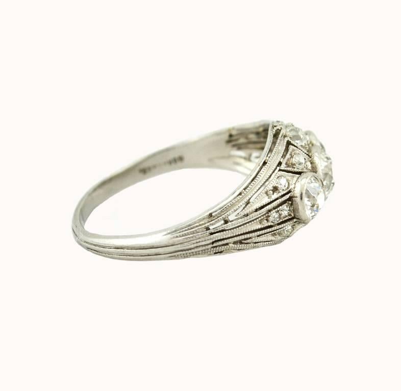 Old European Cut Art Deco Three-Stone Diamond Platinum Ring For Sale