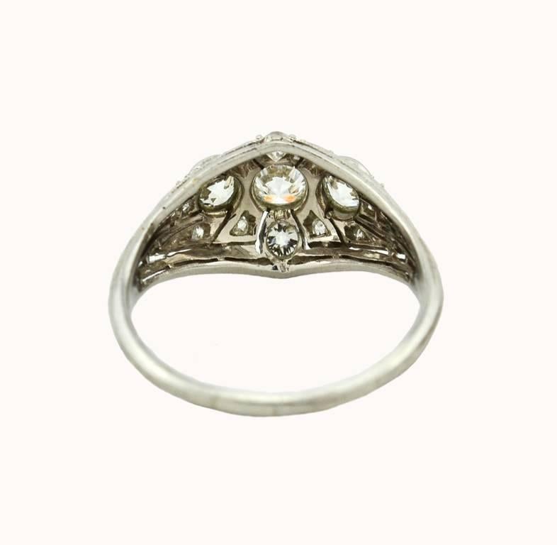 Women's Art Deco Three-Stone Diamond Platinum Ring For Sale
