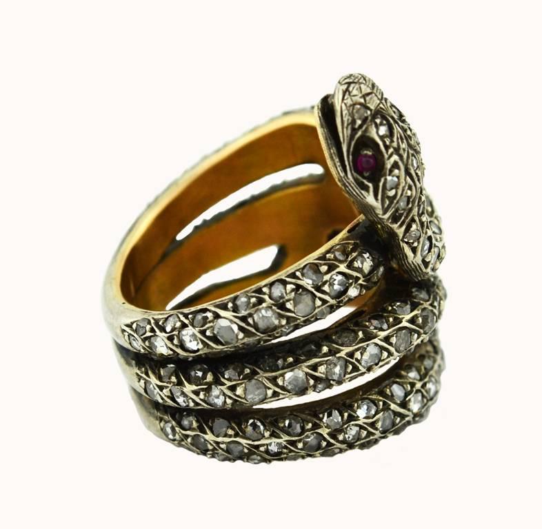 Victorian Rose Cut Diamond and Ruby Snake Ring For Sale