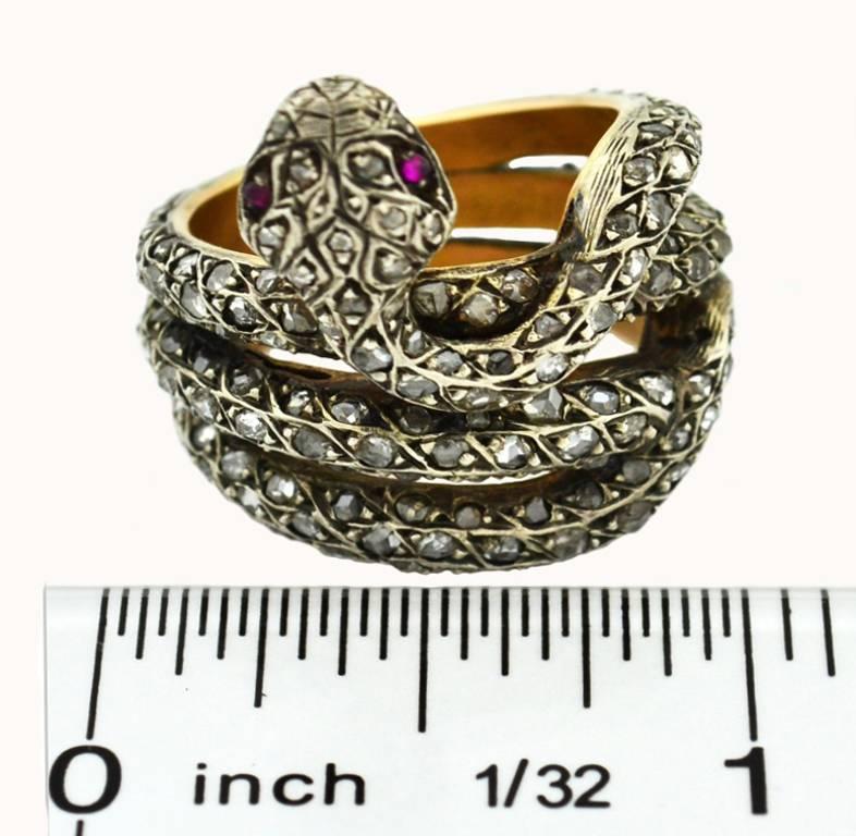 Rose Cut Diamond and Ruby Snake Ring For Sale 1