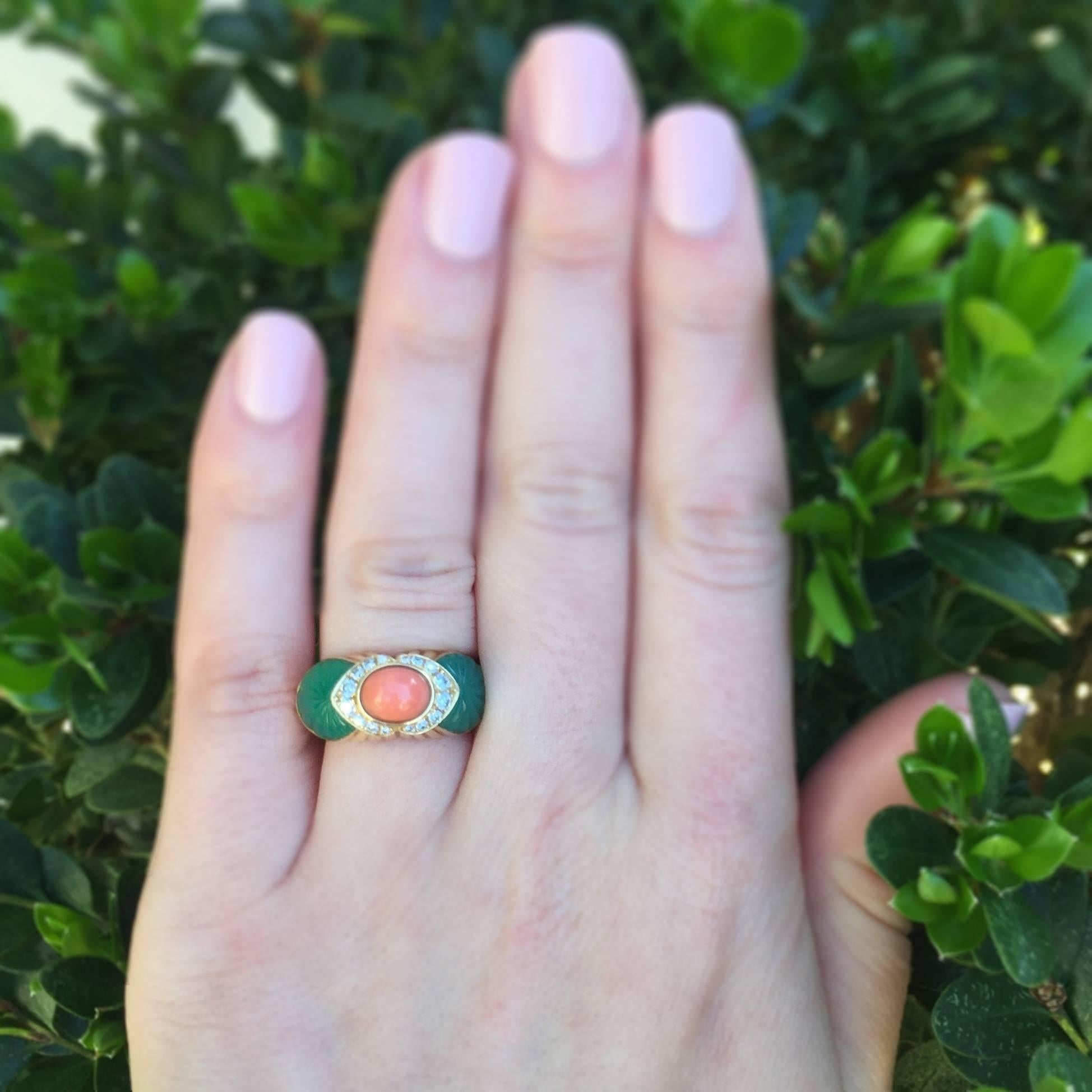 Cartier Coral Chrysoprase Diamond Gold Ring For Sale 1