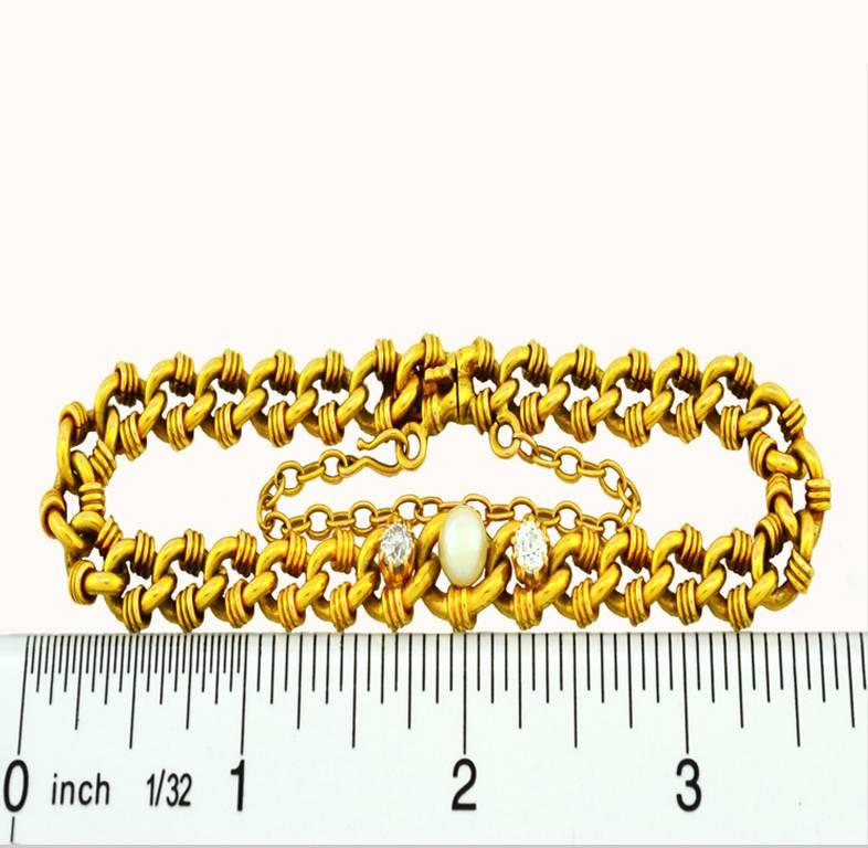 Victorian Gold Link Bracelet with Pearl and Diamonds For Sale 2