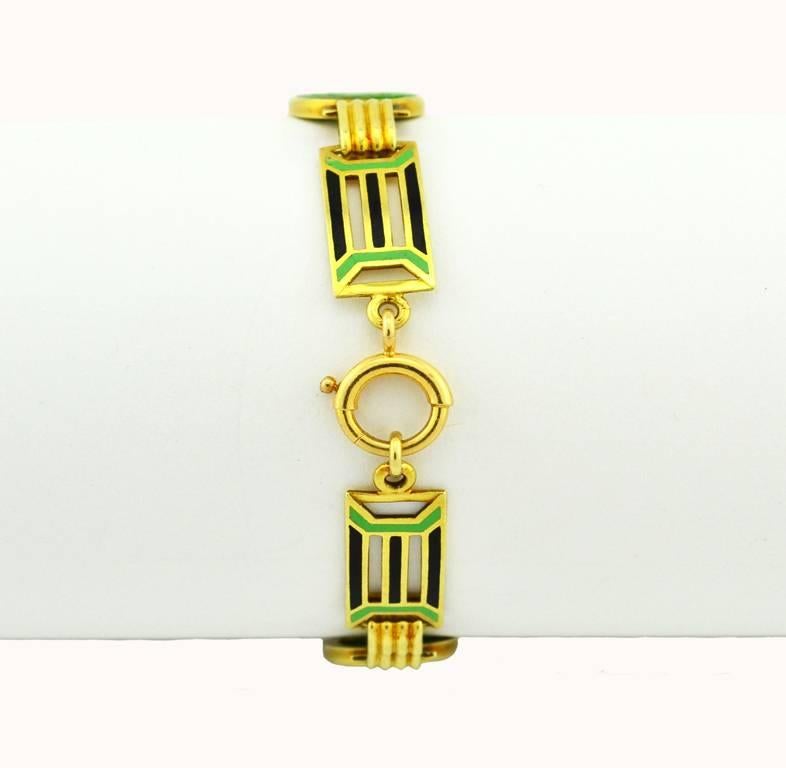 1920s Art Deco Enamel Carved Jade Gold Link Bracelet In Excellent Condition In Los Angeles, CA