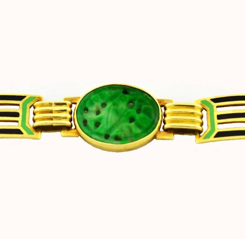 Women's 1920s Art Deco Enamel Carved Jade Gold Link Bracelet