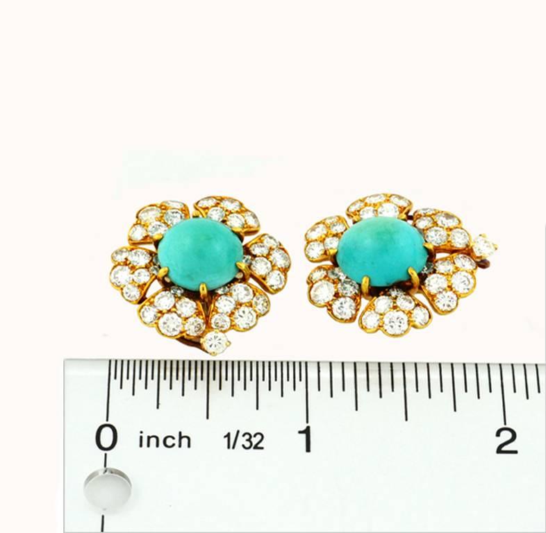 David Webb Turquoise Diamond Gold Cluster Earrings For Sale 1