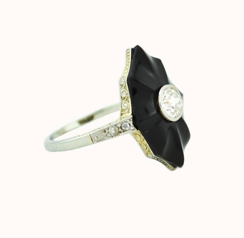 Art Deco Onyx and Diamond White Gold Ring In Excellent Condition For Sale In Los Angeles, CA