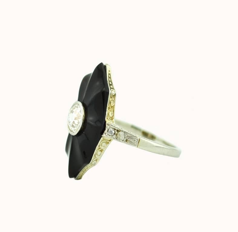 Women's Art Deco Onyx and Diamond White Gold Ring For Sale
