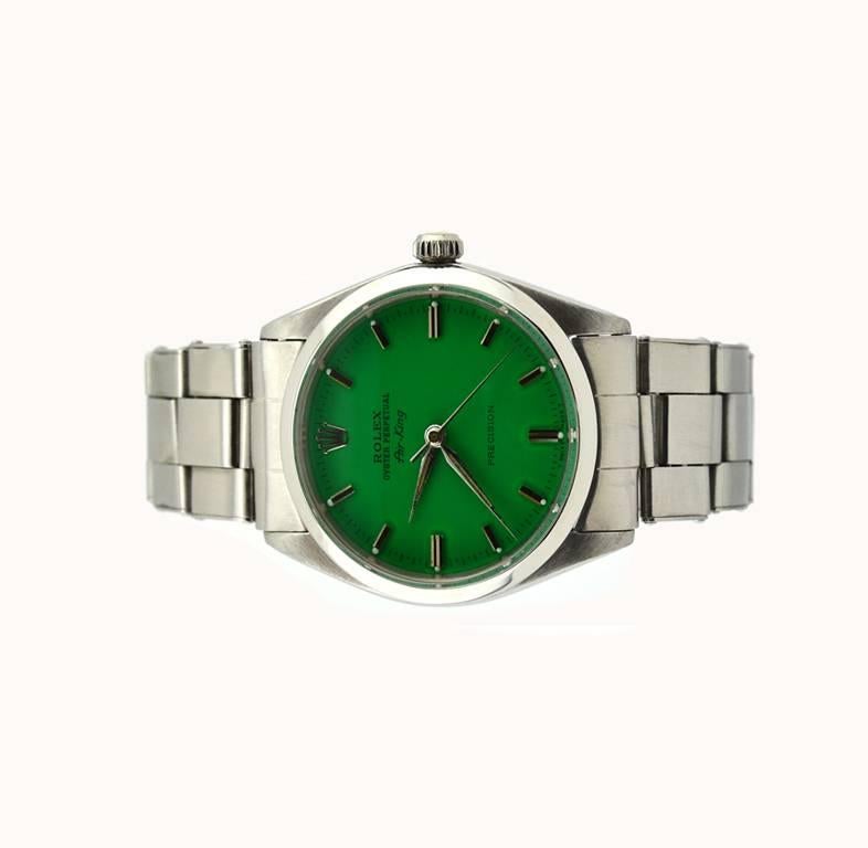 Rolex Air-King stainless steel wristwatch reference 5500. This Rolex features an automatic movement, a custom green stick dial, a smooth stainless steel bezel, locking waterproof crown, plastic crystal, and Oyster bracelet. Circa 1965. The case