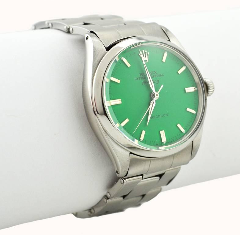 Rolex Stainless Steel Custom Green Dial Air-King Automatic Wristwatch Ref 5500  In Excellent Condition For Sale In Los Angeles, CA