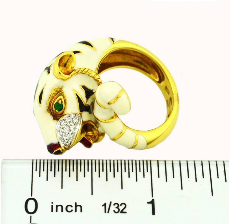Women's Emerald Diamond Enamel Gold Tiger Ring For Sale