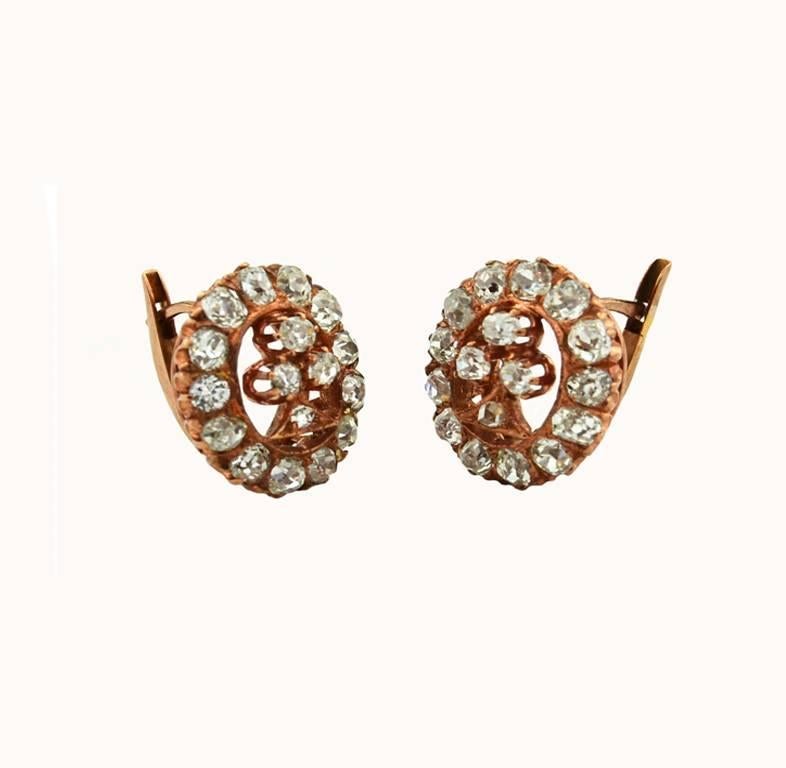 Women's or Men's Victorian Old Mine Cut Diamond Rose Gold Earrings For Sale