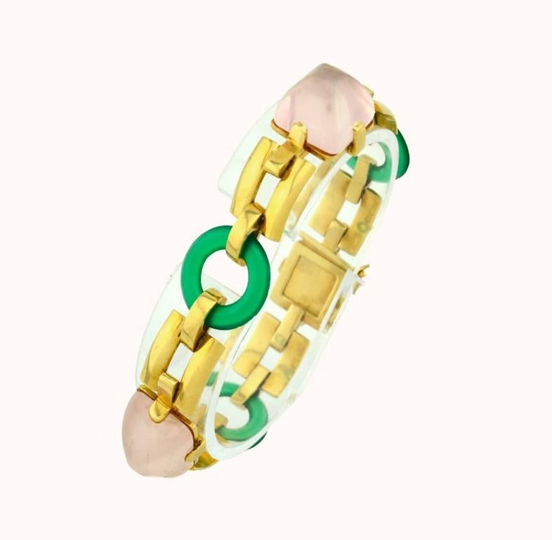 Retro Rose Quartz and Chrysoprase Gold Link Bracelet In Excellent Condition For Sale In Los Angeles, CA