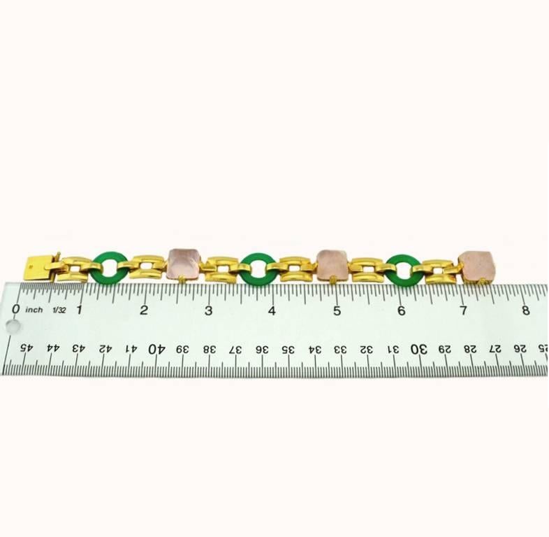 Retro Rose Quartz and Chrysoprase Gold Link Bracelet For Sale 1