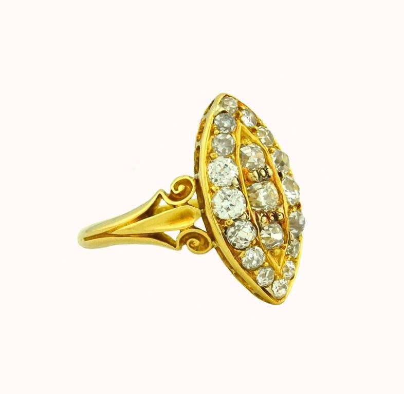 Victorian Old European Cut Diamond Navette 18 Karat Yellow Gold Engagement Ring In Excellent Condition For Sale In Los Angeles, CA