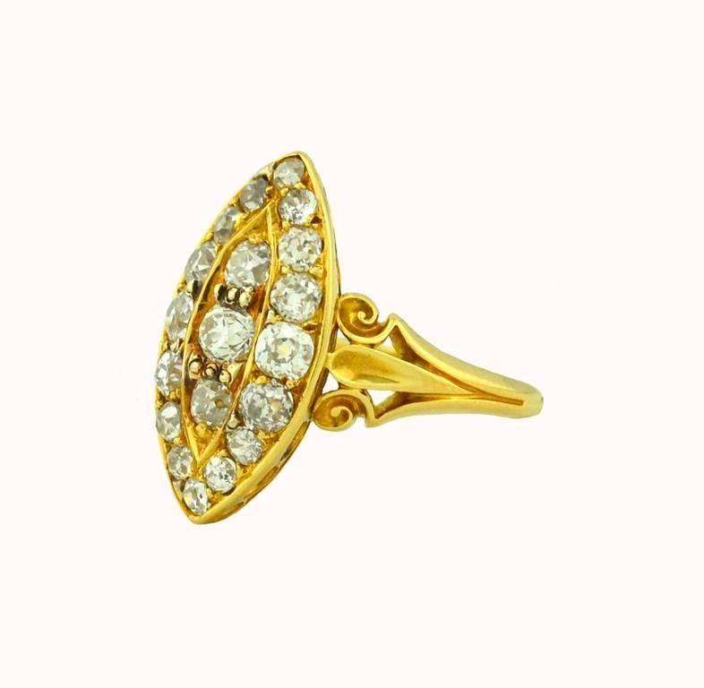 Women's Victorian Old European Cut Diamond Navette 18 Karat Yellow Gold Engagement Ring For Sale