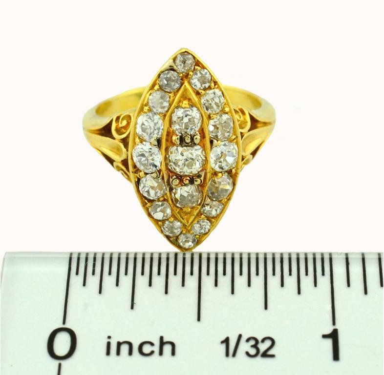 Victorian Old European Cut Diamond Navette 18 Karat Yellow Gold Engagement Ring For Sale 1