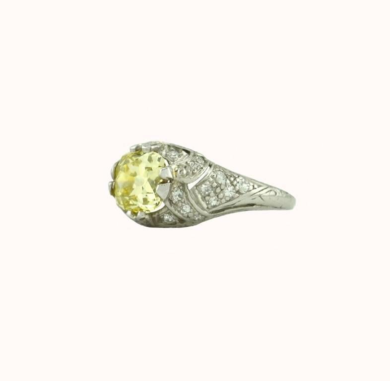 Edwardian 1.61 Carat GIA Natural Fancy Yellow Old Mine Cut Diamond and Platinum Ring For Sale