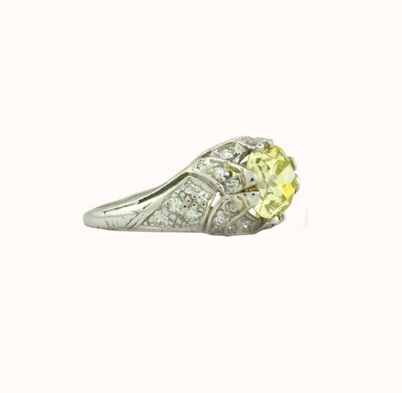 1.61 Carat GIA Natural Fancy Yellow Old Mine Cut Diamond and Platinum Ring In Excellent Condition For Sale In Los Angeles, CA