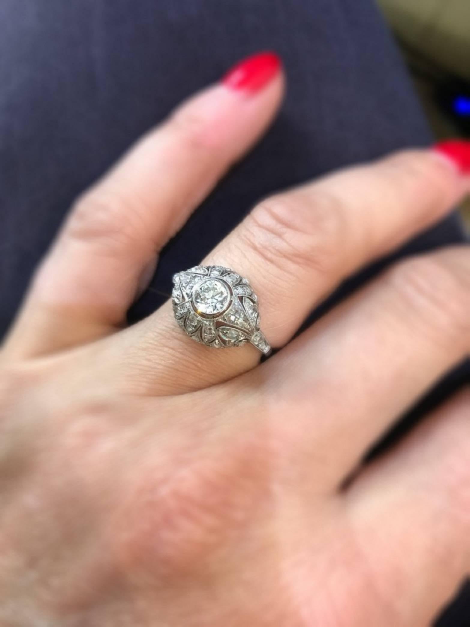 Diamond Edwardian Platinum Filigree Engagement Ring For Sale 1