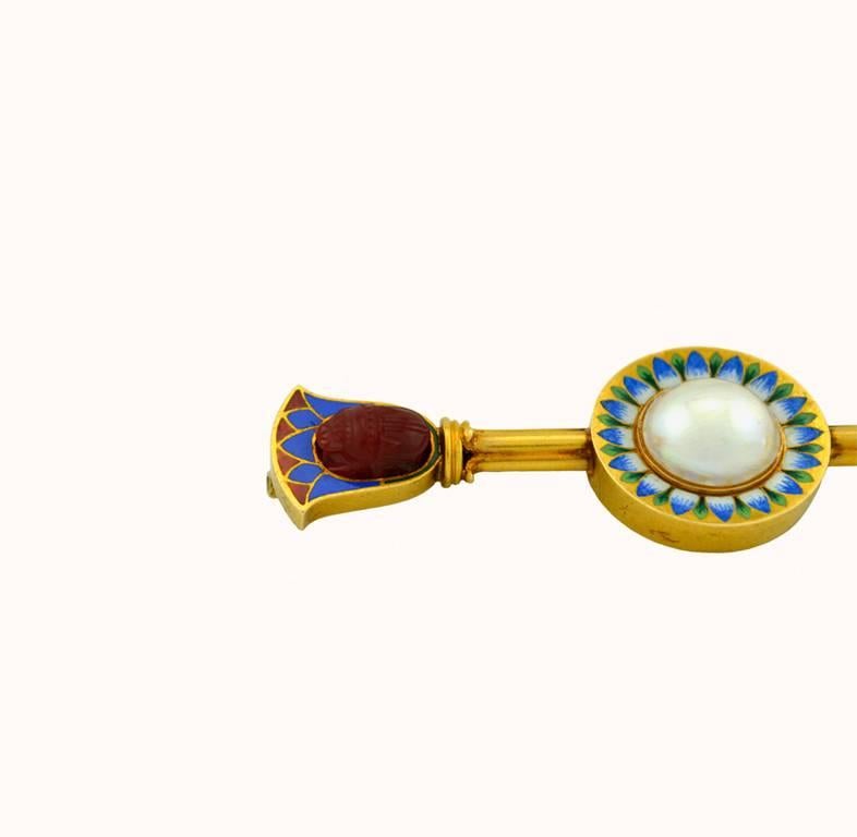 Victorian Egyptian Revival  Pearl Carnelian Enamel Gold Brooch In Excellent Condition For Sale In Los Angeles, CA