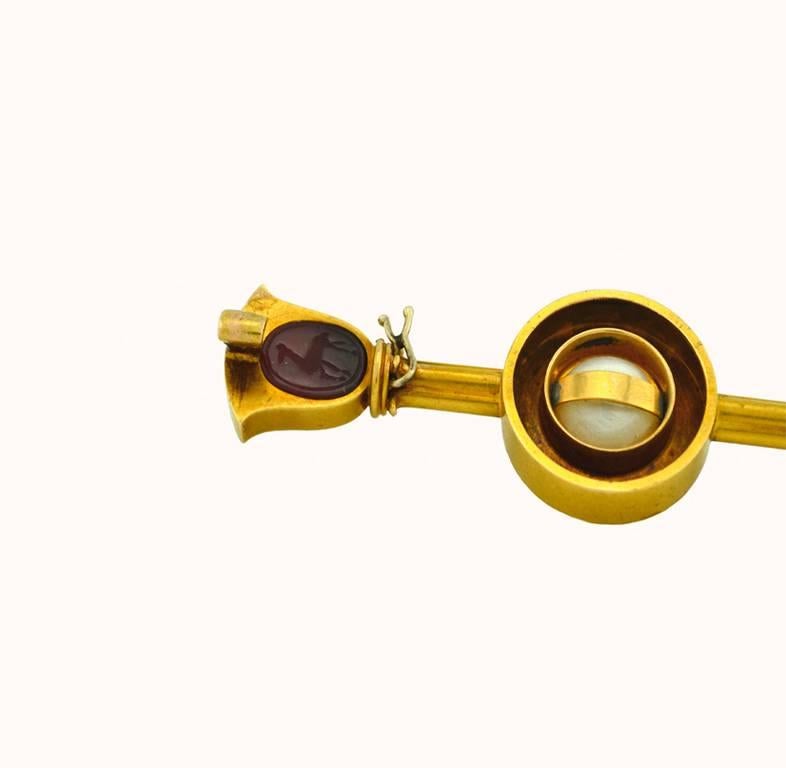 Women's or Men's Victorian Egyptian Revival  Pearl Carnelian Enamel Gold Brooch For Sale