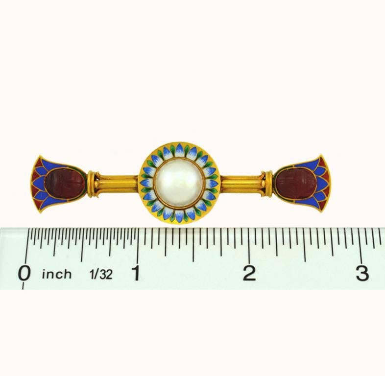 Victorian Egyptian Revival  Pearl Carnelian Enamel Gold Brooch For Sale 1