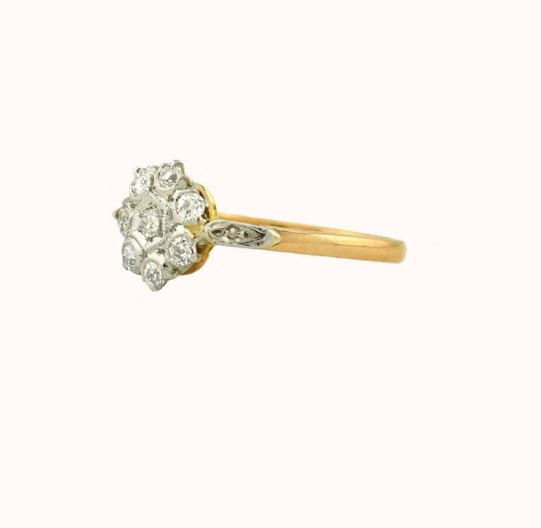 Women's Antique Old European Cut Diamond Cluster 18 Karat Gold Engagement Ring For Sale