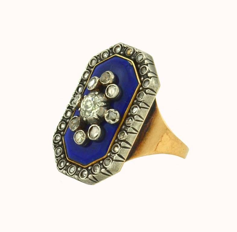 Victorian Blue Enamel Old Cut Diamond Ring In Good Condition For Sale In Los Angeles, CA