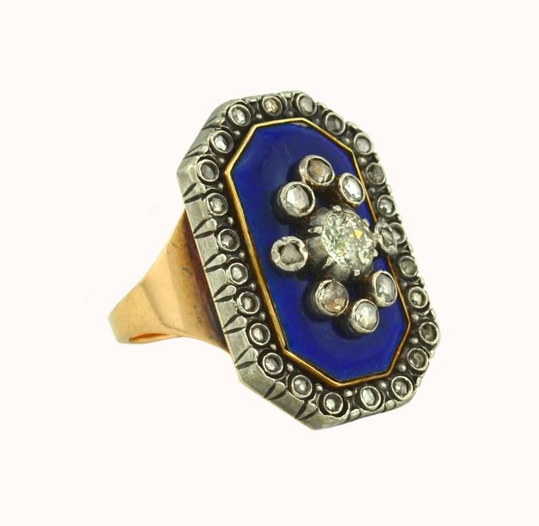 Women's Victorian Blue Enamel Old Cut Diamond Ring For Sale