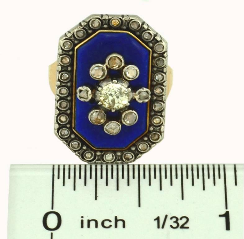 Victorian Blue Enamel Old Cut Diamond Ring For Sale 1