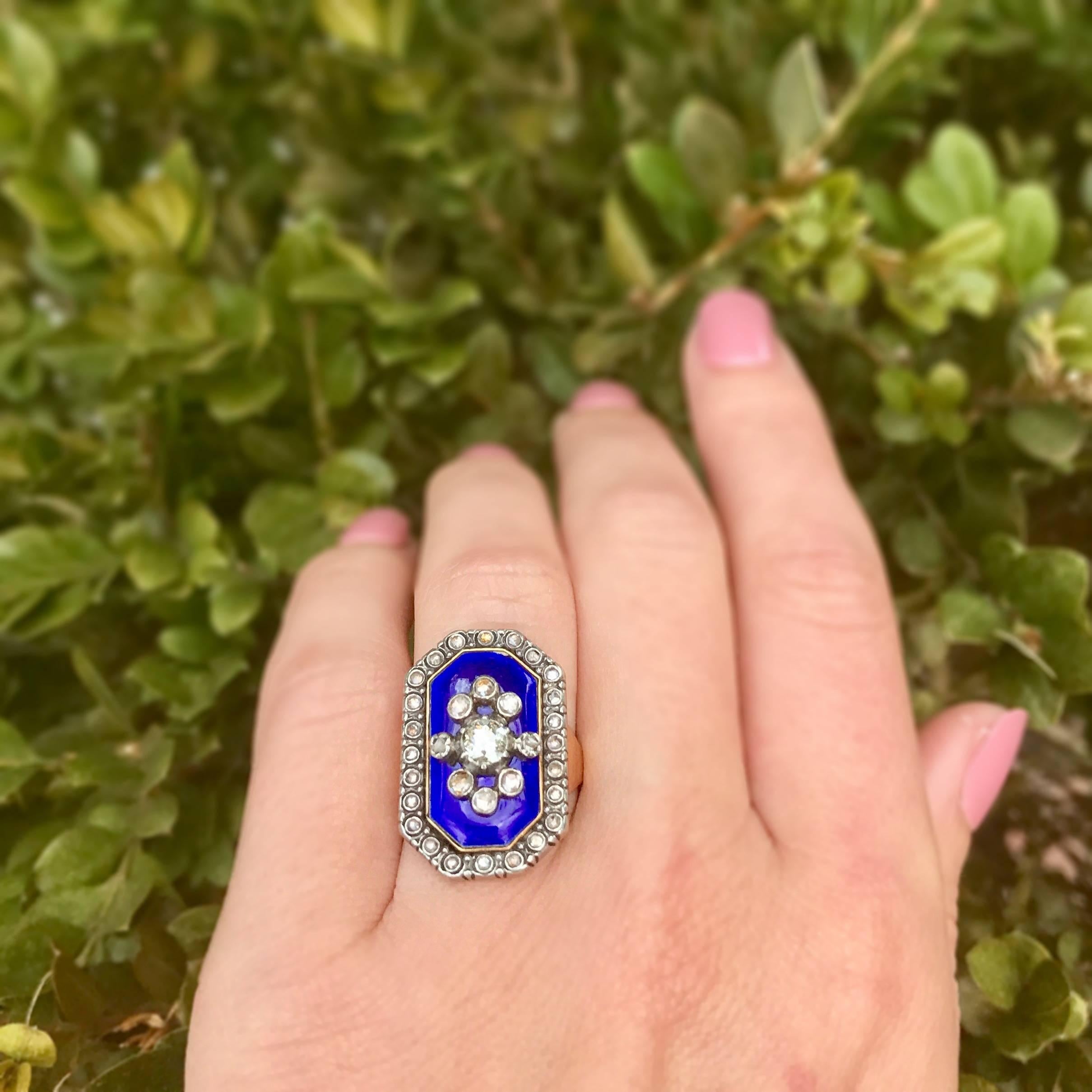 Victorian Blue Enamel Old Cut Diamond Ring For Sale 3
