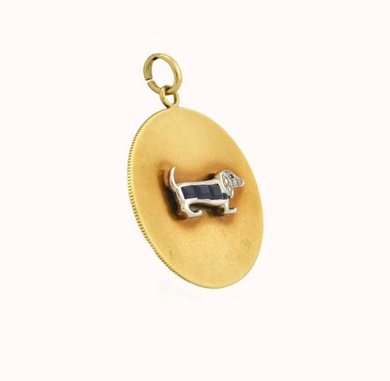 Dachshund Diamond and Sapphire 14 Karat Gold and Platinum Dog Charm In Excellent Condition For Sale In Los Angeles, CA