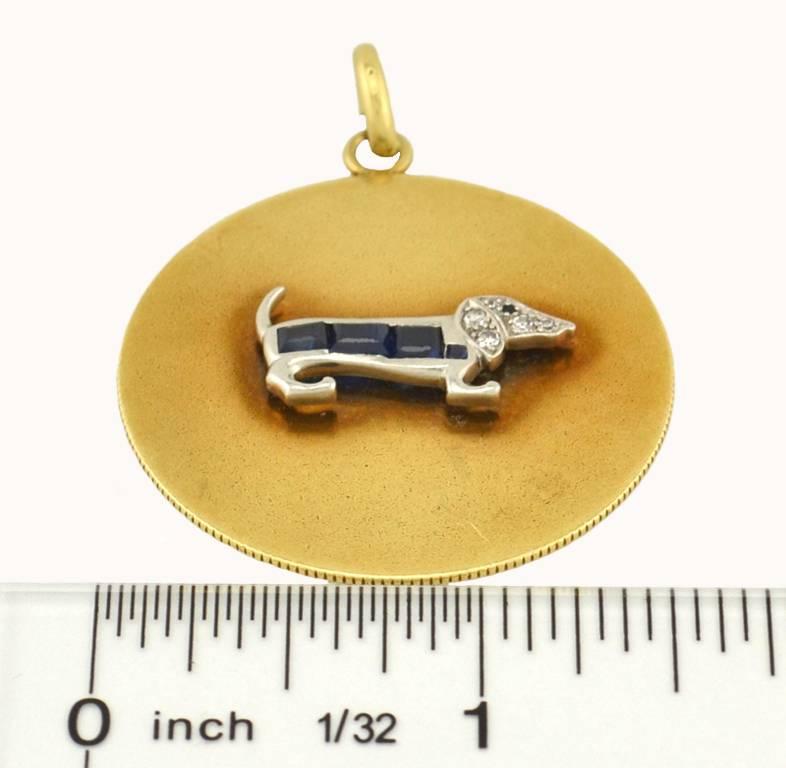 Dachshund Diamond and Sapphire 14 Karat Gold and Platinum Dog Charm For Sale 1