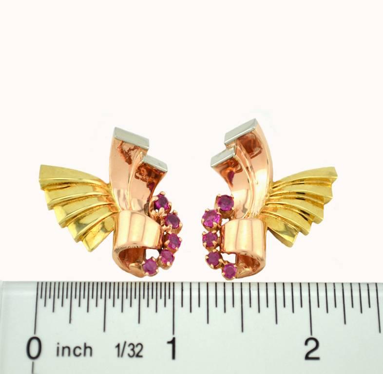 Retro Ruby and 14 Karat Pink, Yellow and White Gold Earrings For Sale 1