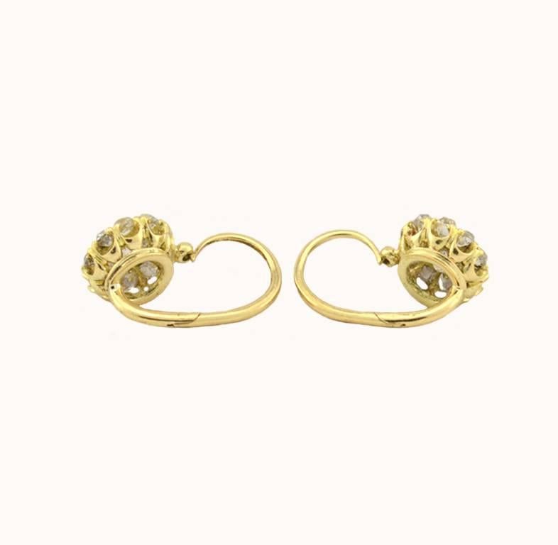 Women's Victorian 18 Karat Yellow Gold Old Mine Cut Diamond Cluster Earrings For Sale