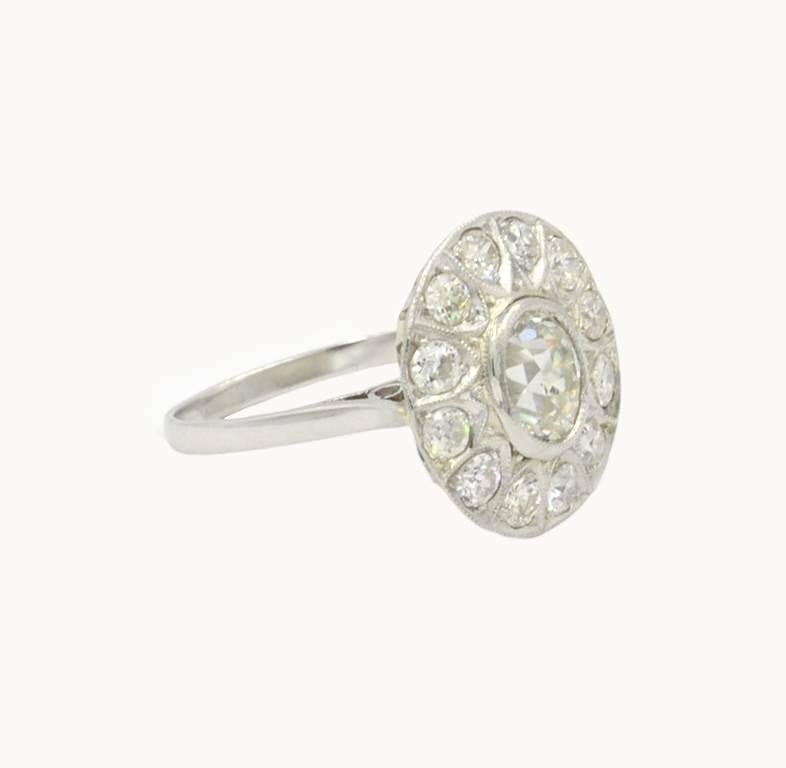 Women's Art Deco Old Mine Cut Diamond Cluster and Platinum Ring, circa 1930 For Sale