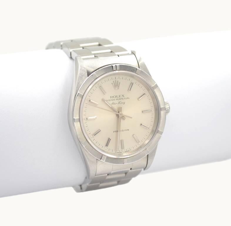 Women's or Men's Rolex Stainless Steel Airking Silvered Baton Index Dial Wristwatch For Sale