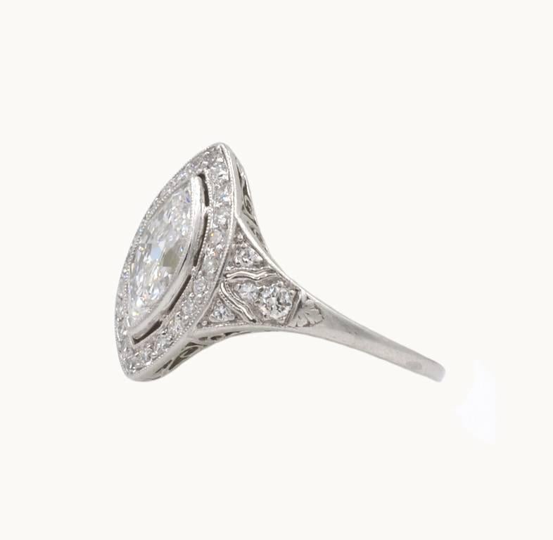 Marquise Cut 0.94 Carat Marquise Golconda Diamond Platinum Engagement Ring, circa 1930 For Sale