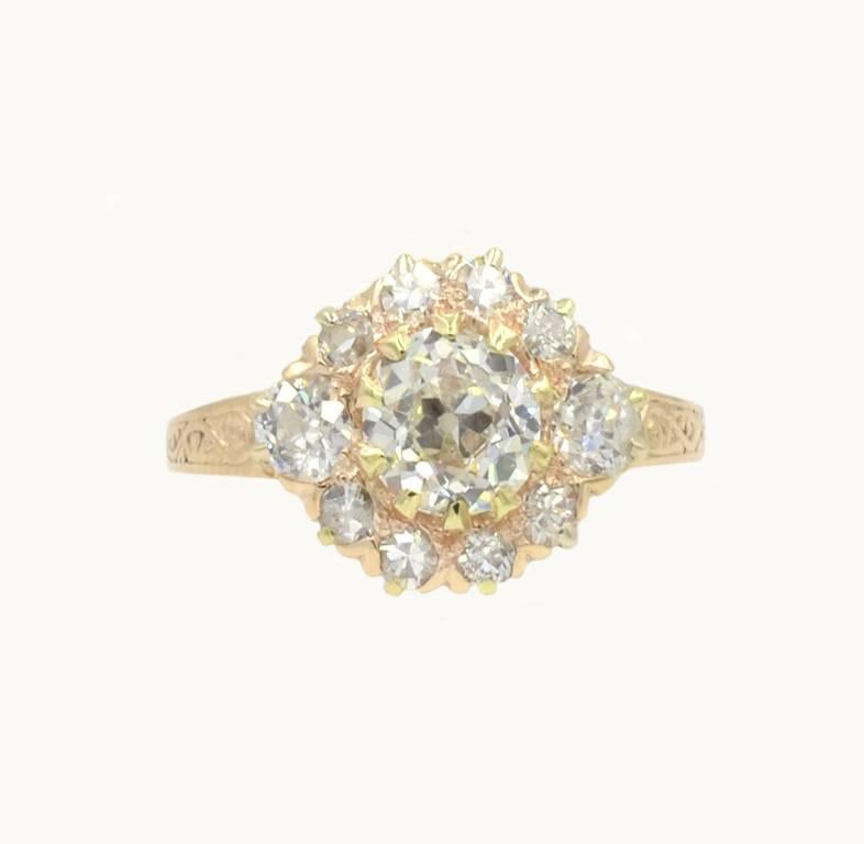 Victorian diamond cluster ring in 14 karat yellow gold from circa 1900.  This gorgeous ring features a center 0.81 carat Old European Cut diamond that is I in color and SI1 in clarity (per EGL certificate).  An additional 10 Old European Cut