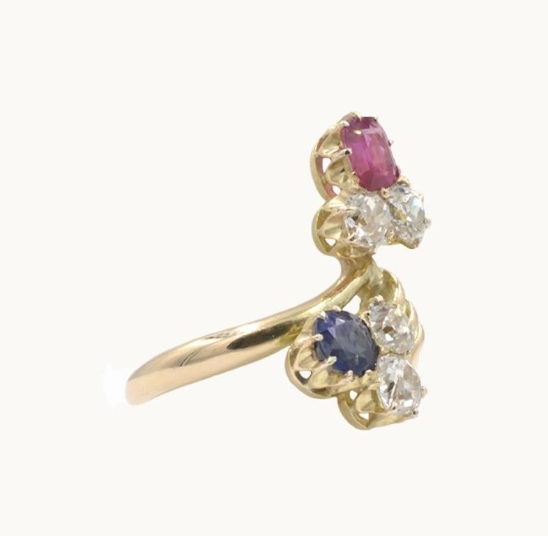 Antique Russian Diamond, Sapphire, Ruby 14 Karat Yellow Gold Ring In Excellent Condition For Sale In Los Angeles, CA